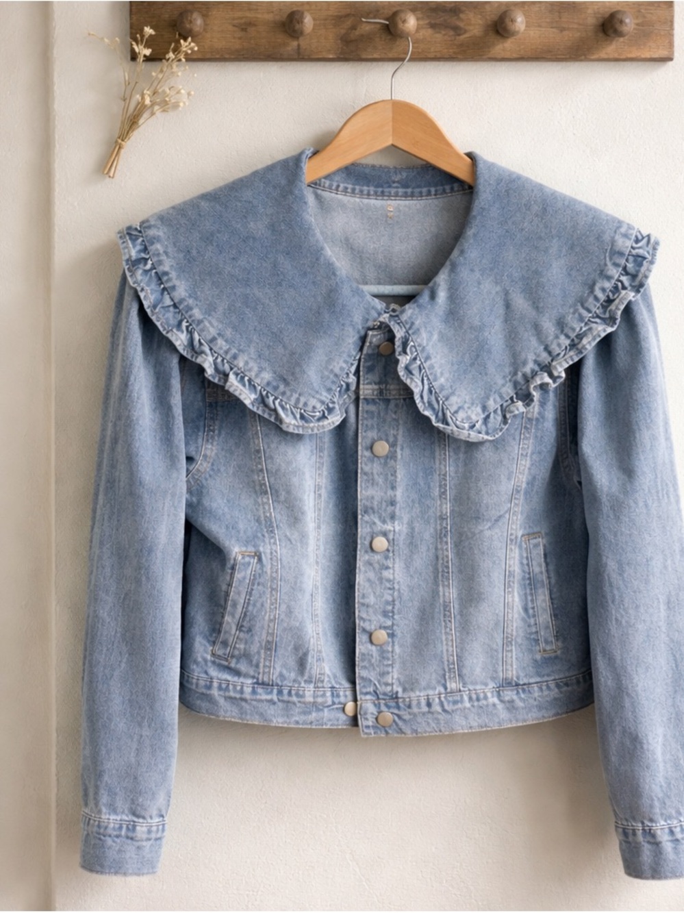 Mable Brand Light Wash Denim Jacket with Ruffled Peter Pan Collar